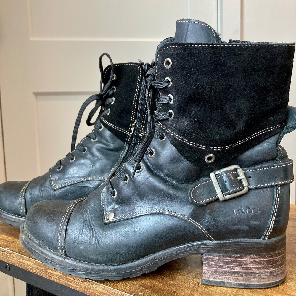 Size 11 Taos Crave Black Leather and Suede Combat Boots